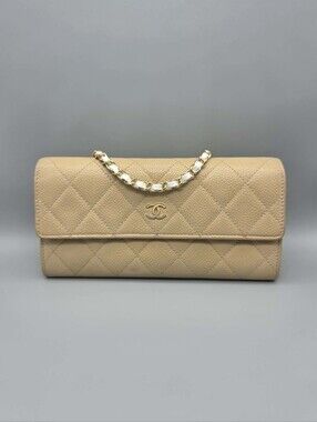 💛CHANEL Quilted Leather Beige Flap Wallet/Clutch💛